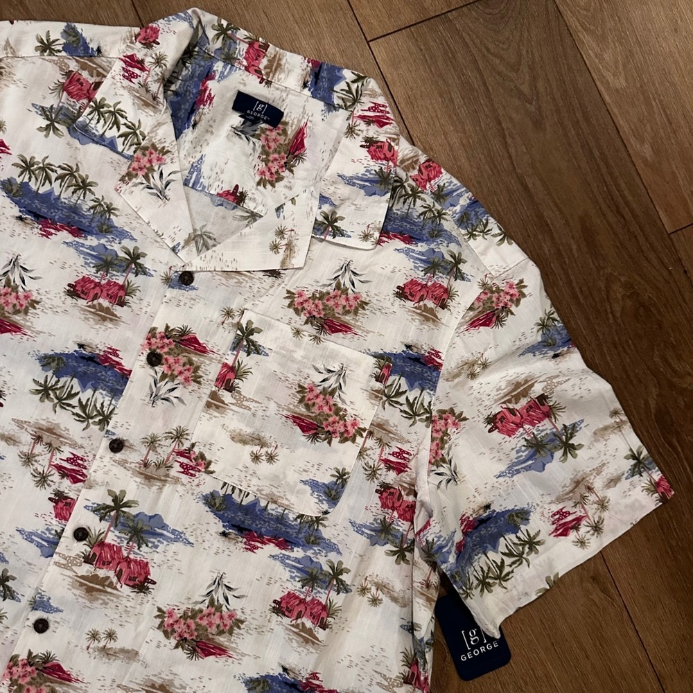 George Mens 2XL Cream Beach Scenic Camp Shirt Cotton Linen Blend NWT